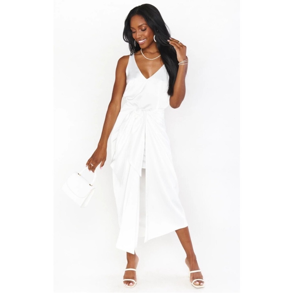Show Me Your Mumu Hampton Wrap Dress Ivory Luxe Satin L - Picture 3 of 5